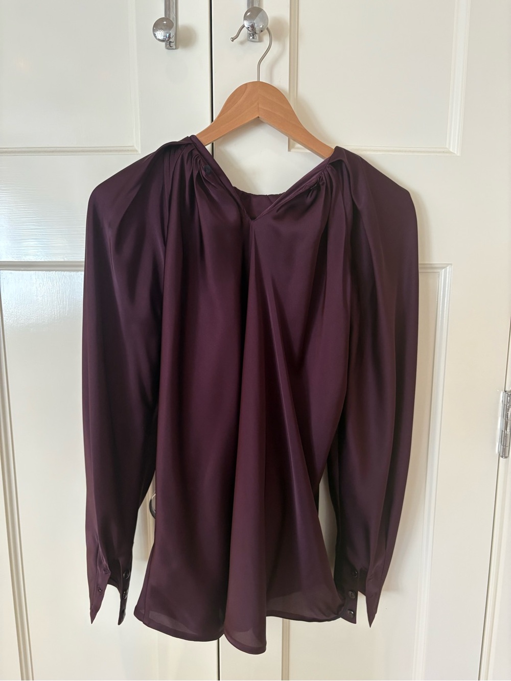 Satin Gathered Neck Blouse in Deep Plum